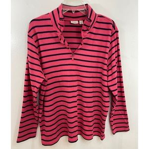 L. L. Bean Women’s Pink & Navy Blue Striped Long Sleeves Half Zip Shirt Size: 2X
